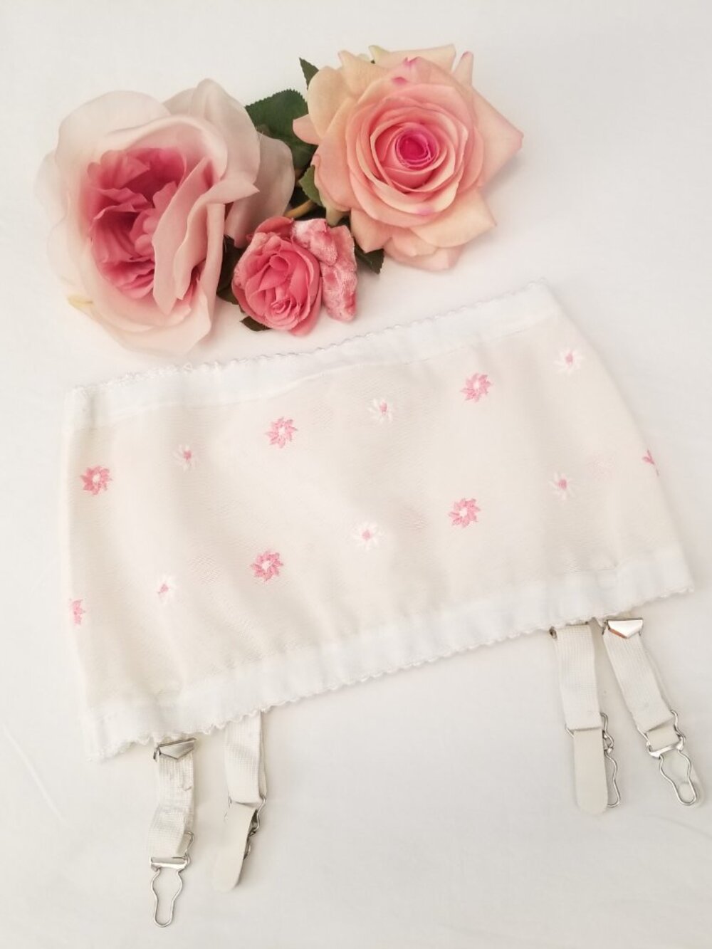 Vintage 1970's Movie Star Inc White + Pink Floral Suspender Garter Belt